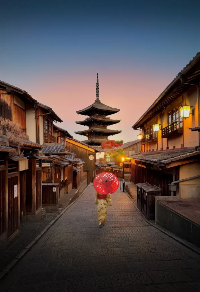 A woman in a kimono with a red umbrella walking towards the Yasaka Pagoda, Kyoto