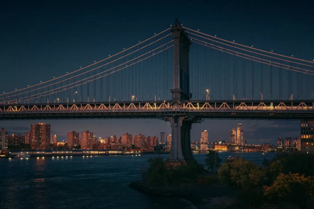 The Manhattan Bridge at night with the lights of Brooklyn and Manhattan behind