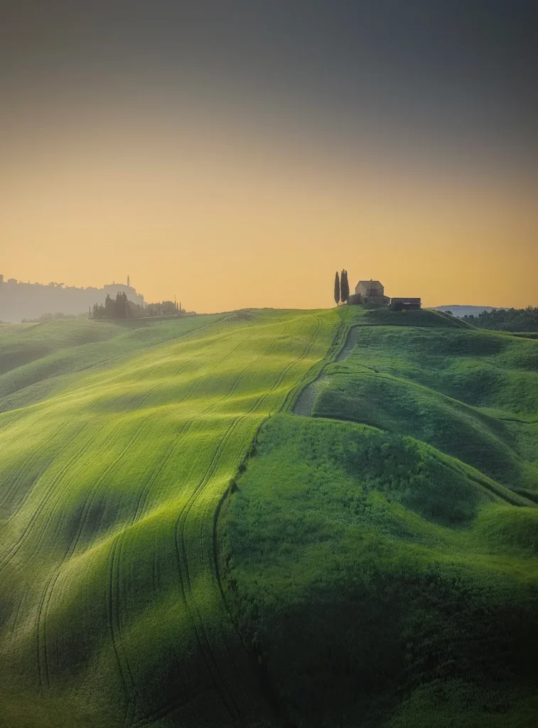 Green fields rising to a farmhouse and cypresses under a golden sky, Val d'Orcia